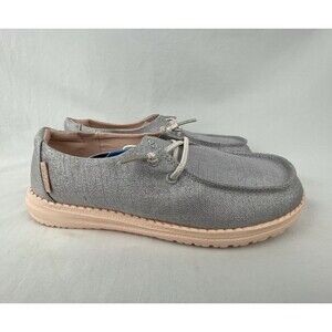 NWT HEY DUDE Shoes Youth Kids Size 3-4 Girls Wendy Sparkling Silver Peach MINT